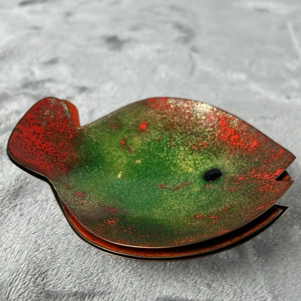 Enameled Copper Trinket Dishes Set Of 3 VTG Stylized Fish Bovano Style MCM